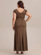 Plus Size Knotted Knit Cap Sleeve Maxi Glitter Evening Dress #color_Coffee