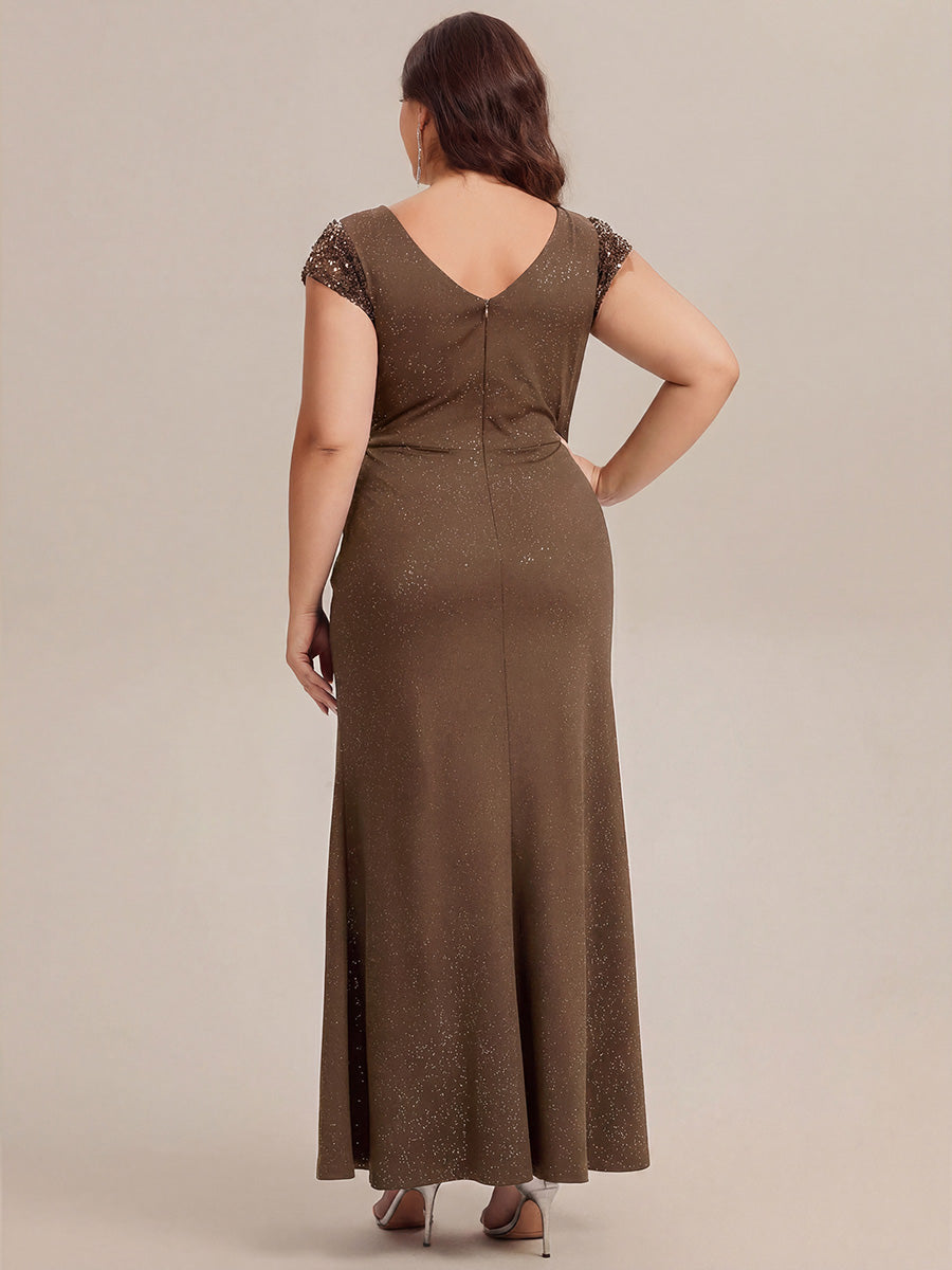 Plus Size Knotted Knit Cap Sleeve Maxi Glitter Evening Dress #color_Coffee