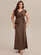 Plus Size Knotted Knit Cap Sleeve Maxi Glitter Evening Dress #color_Coffee