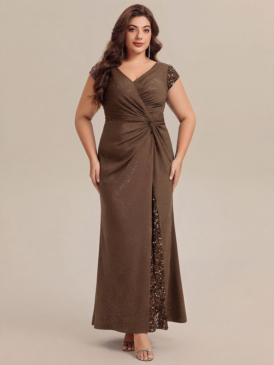 Plus Size Knotted Knit Cap Sleeve Maxi Glitter Evening Dress #color_Coffee