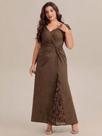Plus Size Knotted Knit Cap Sleeve Maxi Glitter Evening Dress #color_Coffee
