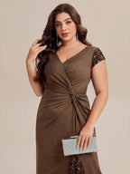 Plus Size Knotted Knit Cap Sleeve Maxi Glitter Evening Dress #color_Coffee