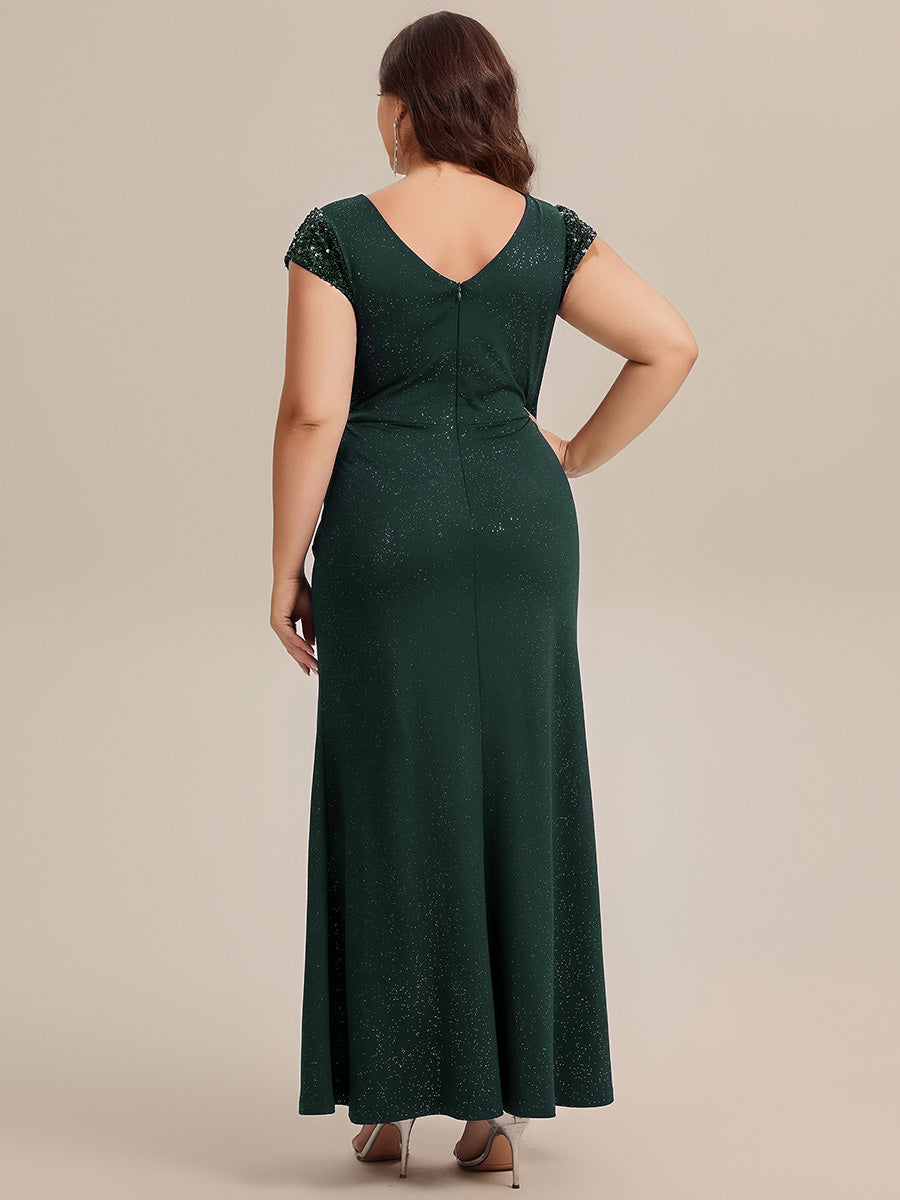 Plus Size Knotted Knit Cap Sleeve Maxi Glitter Evening Dress #color_Dark Green