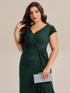 Plus Size Knotted Knit Cap Sleeve Maxi Glitter Evening Dress #color_Dark Green