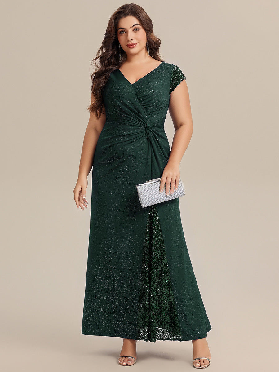 Plus Size Knotted Knit Cap Sleeve Maxi Glitter Evening Dress #color_Dark Green