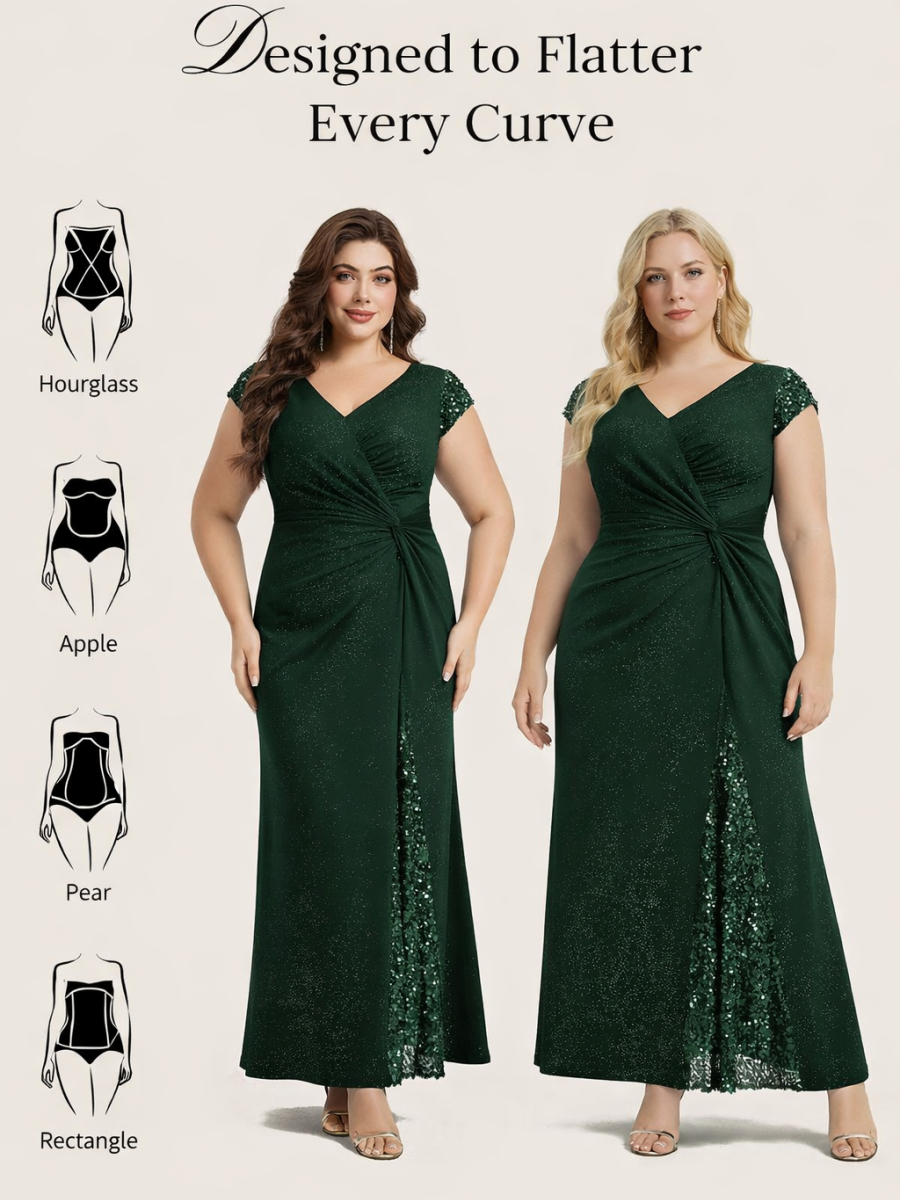 Plus Size Knotted Knit Cap Sleeve Maxi Glitter Evening Dress #color_Dark Green
