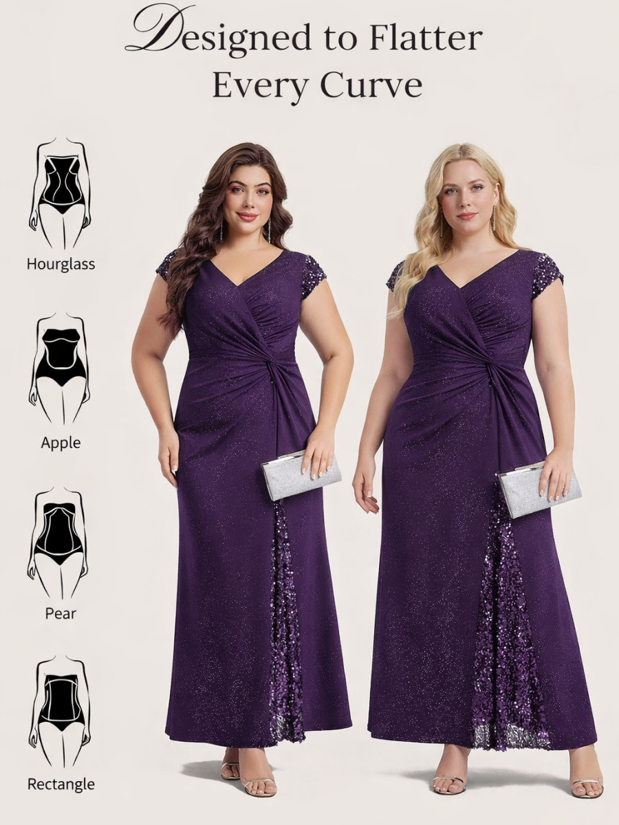Plus Size Knotted Knit Cap Sleeve Maxi Glitter Evening Dress #color_Dark Purple