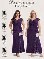 Plus Size Knotted Knit Cap Sleeve Maxi Glitter Evening Dress #color_Dark Purple
