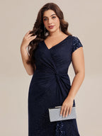 Plus Size Knotted Knit Cap Sleeve Maxi Glitter Evening Dress #color_Navy Blue