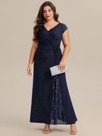 Plus Size Knotted Knit Cap Sleeve Maxi Glitter Evening Dress #color_Navy Blue