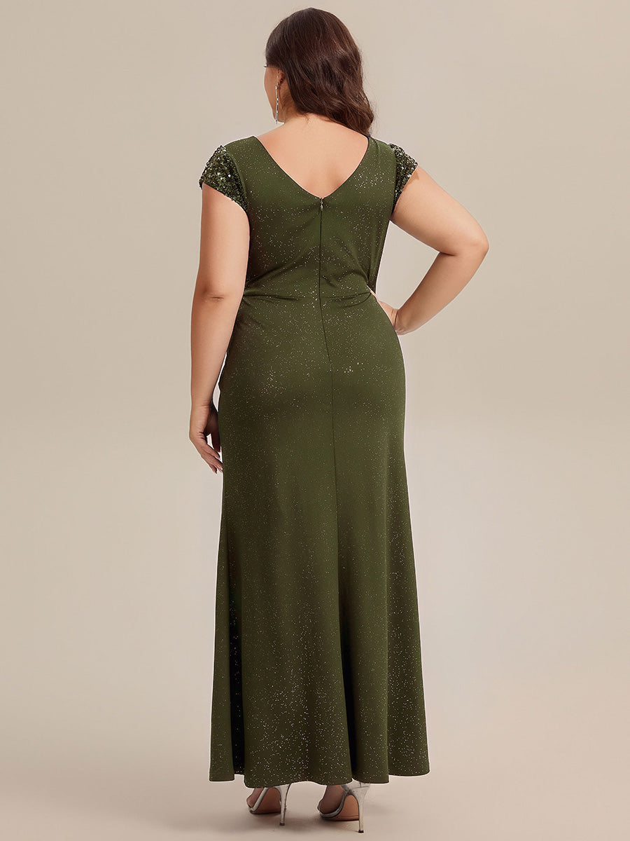 Plus Size Knotted Knit Cap Sleeve Maxi Glitter Evening Dress #color_Olive Green