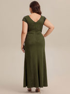 Plus Size Knotted Knit Cap Sleeve Maxi Glitter Evening Dress #color_Olive Green