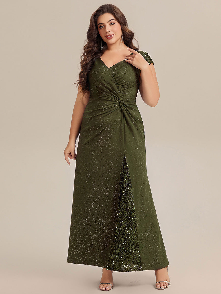Plus Size Knotted Knit Cap Sleeve Maxi Glitter Evening Dress #color_Olive Green