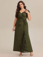 Plus Size Knotted Knit Cap Sleeve Maxi Glitter Evening Dress #color_Olive Green