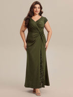 Plus Size Knotted Knit Cap Sleeve Maxi Glitter Evening Dress #color_Olive Green
