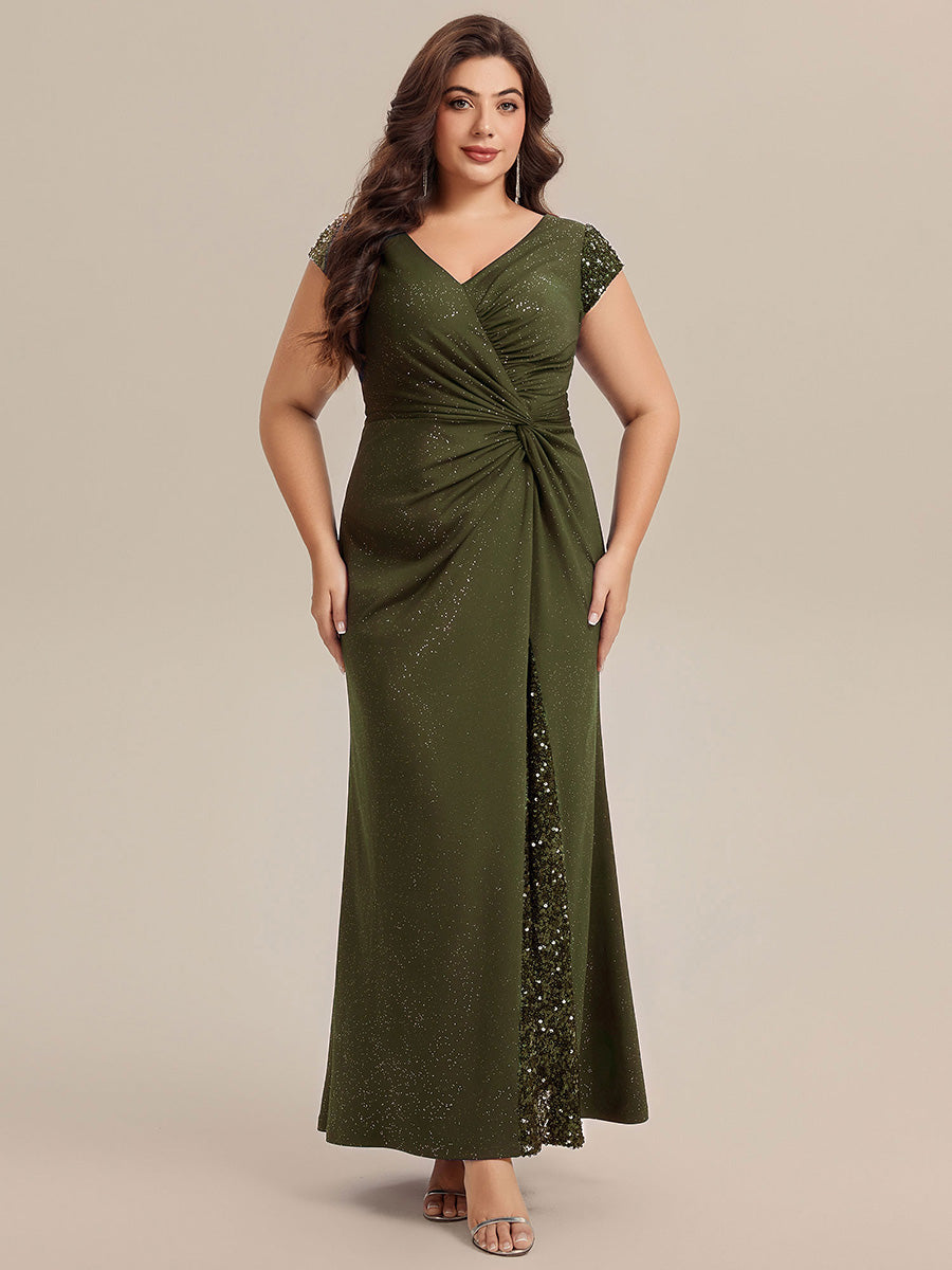 Plus Size Knotted Knit Cap Sleeve Maxi Glitter Evening Dress #color_Olive Green
