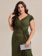 Plus Size Knotted Knit Cap Sleeve Maxi Glitter Evening Dress #color_Olive Green