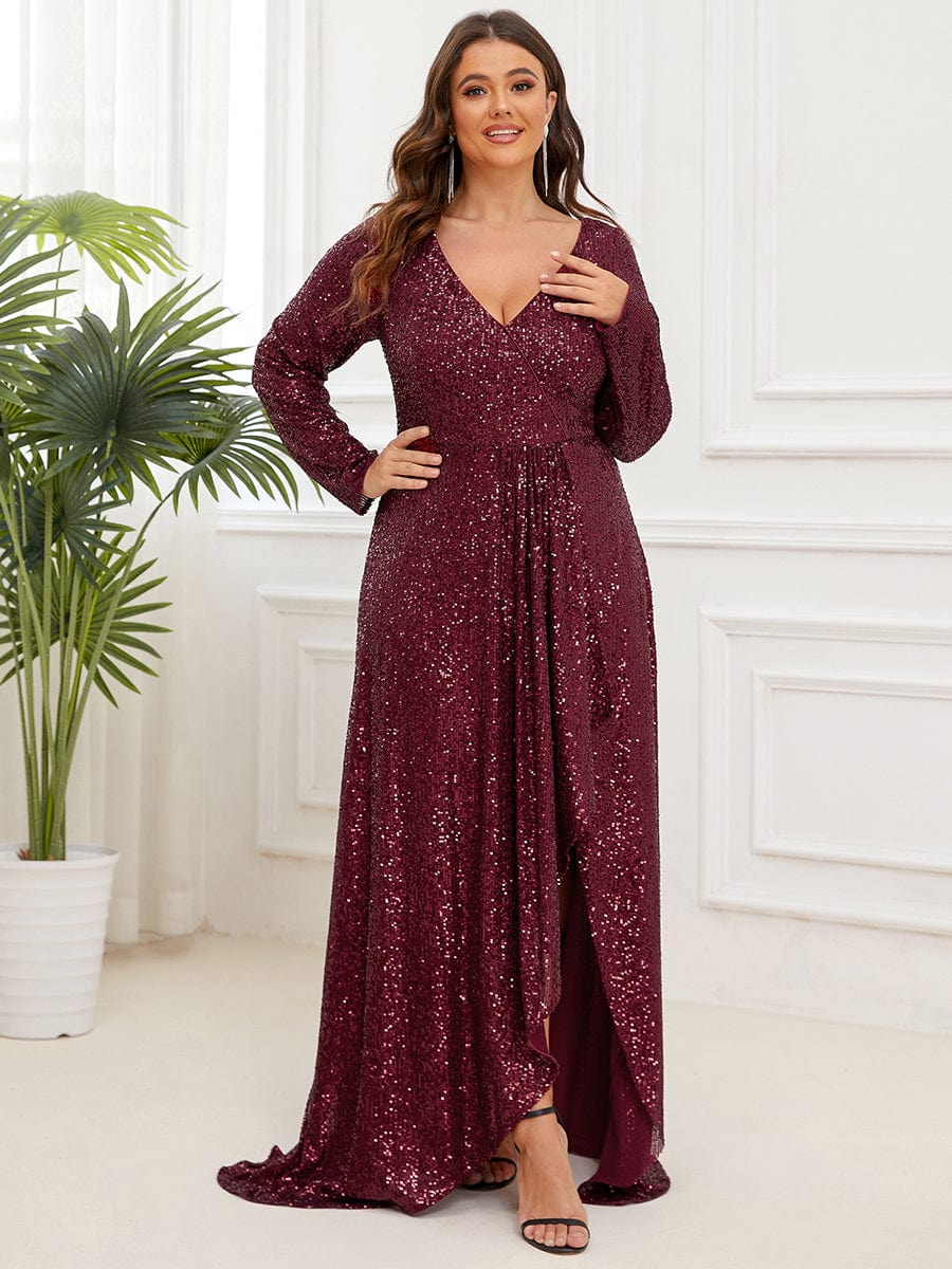 Plus Size Long Sleeve Sequin V-Neck Dress Ever-Pretty Plus Plus Size Long Sleeve Sequin V-Neck Dress Ever-Pretty Plus