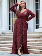 Plus Size Sequin V-Neck Dress #color_Burgundy