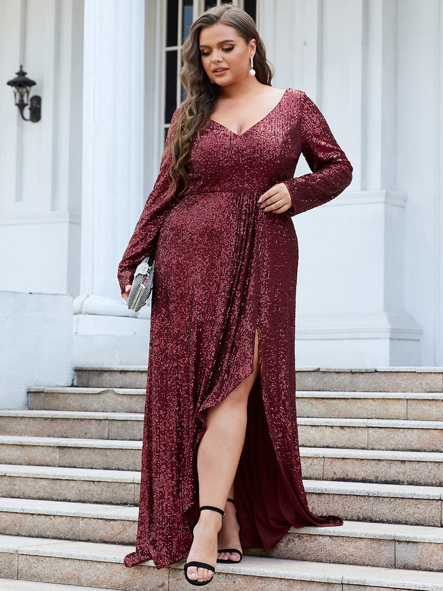 Plus Size Sequin V-Neck Dress #color_Burgundy
