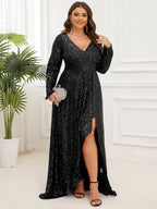 Plus Size Sequin V-Neck Dress #color_Black