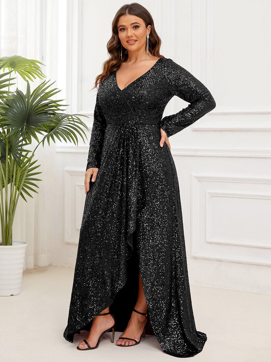 Plus Size Long Sleeve Sequin V-Neck Dress Ever-Pretty Plus Plus Size Long Sleeve Sequin V-Neck Dress Ever-Pretty Plus