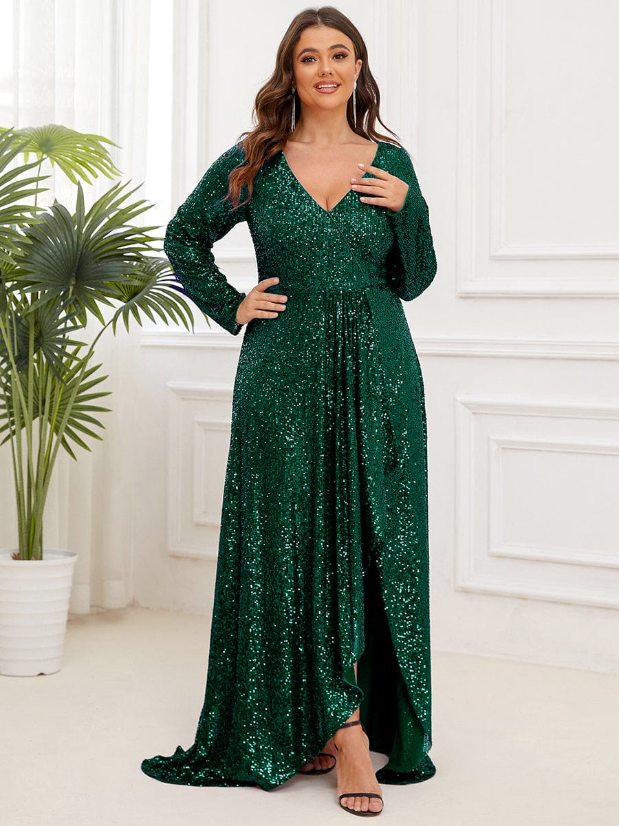 Plus Size Long Sleeve Sequin V-Neck Dress Ever-Pretty Plus Plus Size Long Sleeve Sequin V-Neck Dress Ever-Pretty Plus