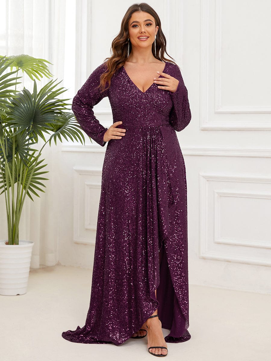 Plus Size Long Sleeve Sequin V-Neck Dress – Ever-Pretty Plus