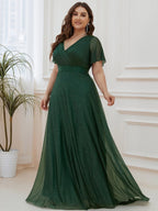 Plus Size V-Neck Satin Ribbon Waist Glitter Maxi Dress #color_Dark Green