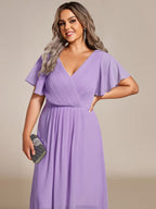 Plus Size Pleated V-Neck Chiffon Midi Dress with Ruffle Sleeves #color_Lavender