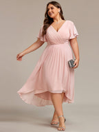 Plus Size Pleated V-Neck Chiffon Midi Dress with Ruffle Sleeves #color_Pink