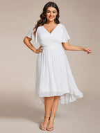 Plus Size Pleated V-Neck Chiffon Midi Dress with Ruffle Sleeves #color_White