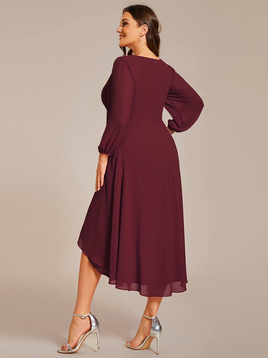Plus Size Pleated Chiffon Long Sleeve Midi Dress #color_Burgundy