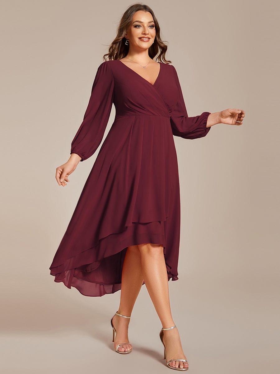 Plus Size Pleated Chiffon Long Sleeve Midi Dress #color_Burgundy
