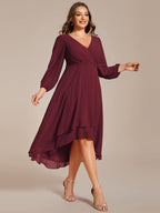 Plus Size Pleated Chiffon Long Sleeve Midi Dress #color_Burgundy
