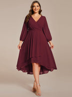 Plus Size Pleated Chiffon Long Sleeve Midi Dress #color_Burgundy