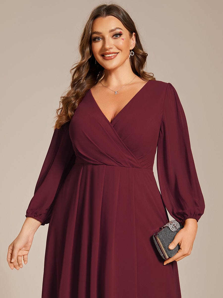 Plus Size Pleated Chiffon Long Sleeve Midi Dress #color_Burgundy
