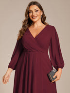 Plus Size Pleated Chiffon Long Sleeve Midi Dress #color_Burgundy