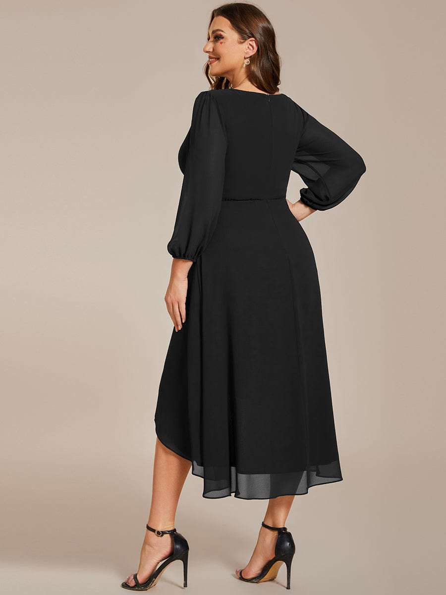Plus Size Pleated Chiffon Long Sleeve Midi Dress #color_Black