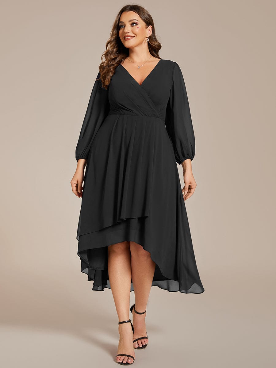 Plus Size Pleated Chiffon Long Sleeve Midi Dress #color_Black