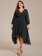 Plus Size Pleated Chiffon Long Sleeve Midi Dress #color_Black