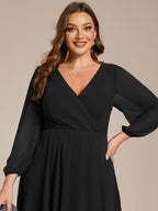 Plus Size Pleated Chiffon Long Sleeve Midi Dress #color_Black