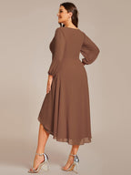 Plus Size Pleated Chiffon Long Sleeve Midi Dress #color_Brown