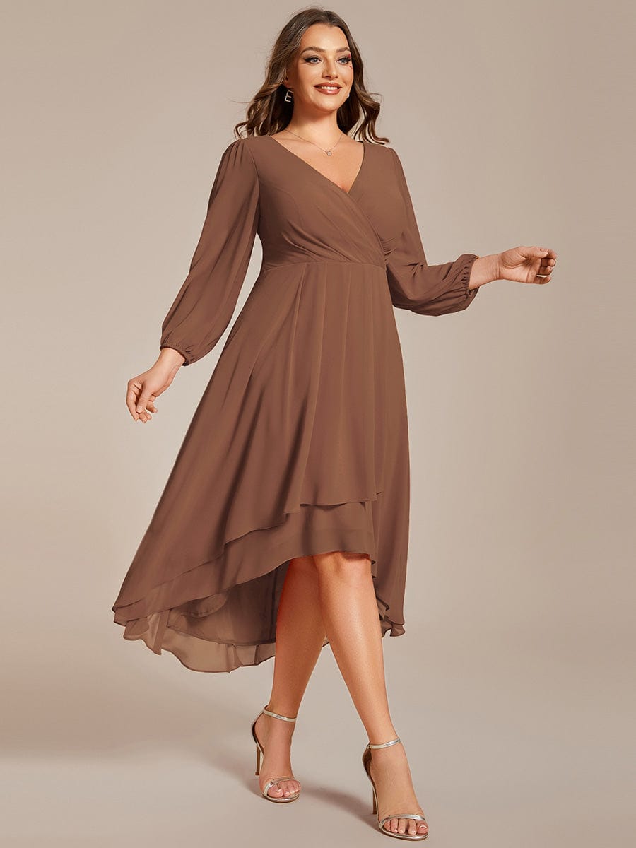 Plus Size Pleated Chiffon Long Sleeve Midi Dress #color_Brown