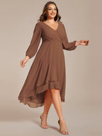 Plus Size Pleated Chiffon Long Sleeve Midi Dress #color_Brown