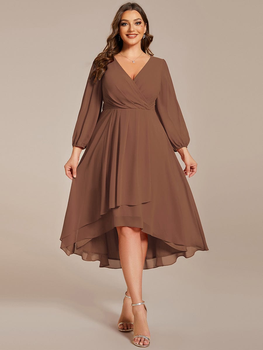 Plus Size Pleated Chiffon Long Sleeve Midi Dress #color_Brown
