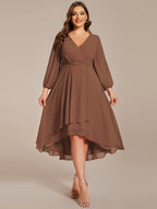Plus Size Pleated Chiffon Long Sleeve Midi Dress #color_Brown