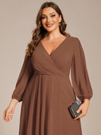Plus Size Pleated Chiffon Long Sleeve Midi Dress #color_Brown