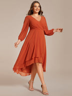 Plus Size Pleated Chiffon Long Sleeve Midi Dress #color_Burnt Orange