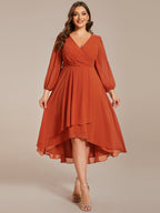 Plus Size Pleated Chiffon Long Sleeve Midi Dress #color_Burnt Orange